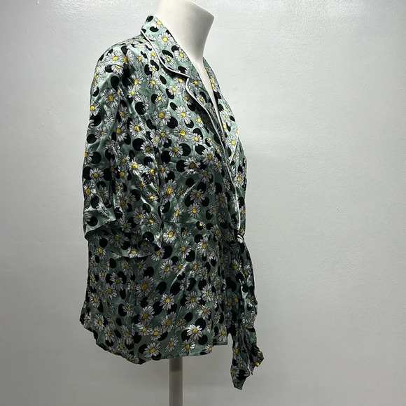 Sandro Blouse Top Shirt Short Sleeve Tie Front Daisy Floral Green New Size Large - Picture 3 of 12